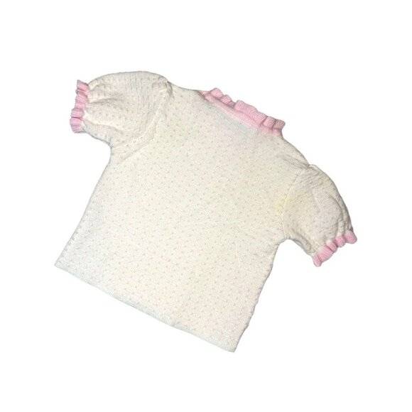 Vintage Mine Alone Baby Sweater 100% Acrylic Ivory Pink Ruffle Accents Buttoned - Picture 2 of 3